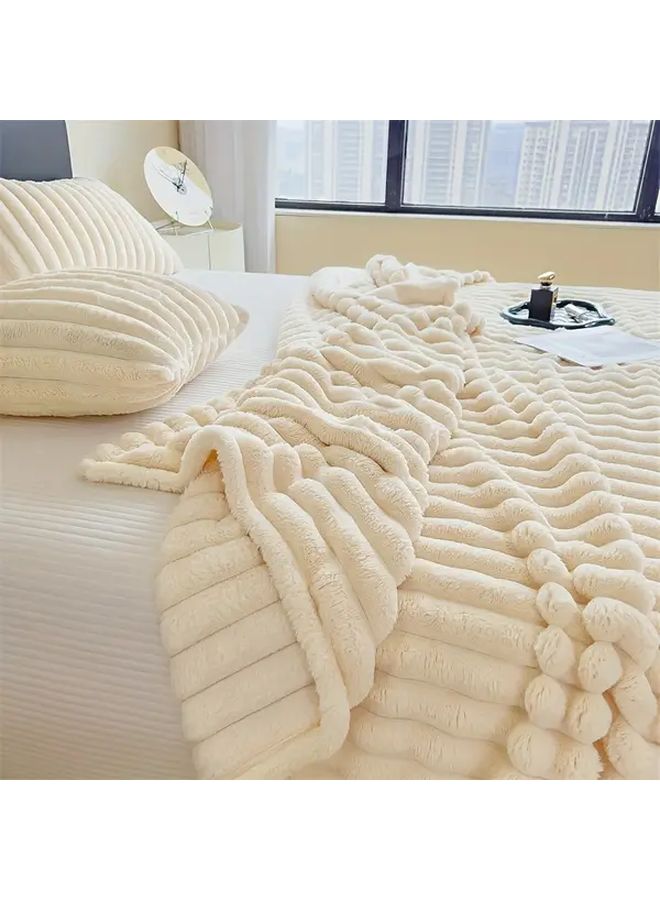 Cream White Faux Fur Plush Blanket 70x100cm Double Sided Fleece All Season Bedspread Throw - Image 5